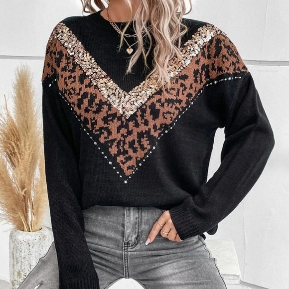 . Sweaters - Leopard and Sequin detailed knit Sweater